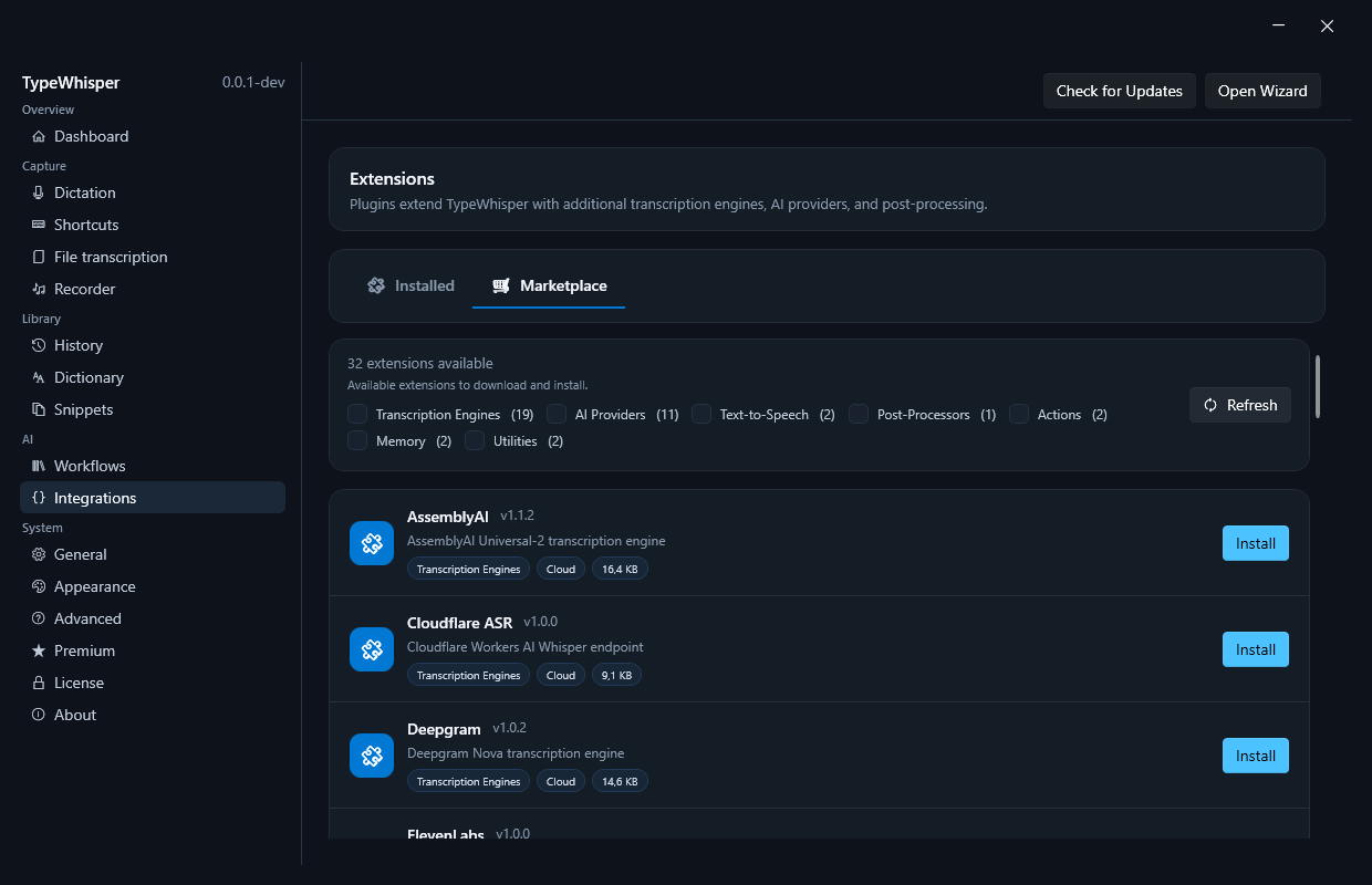 Marketplace for TypeWhisper extensions on Windows