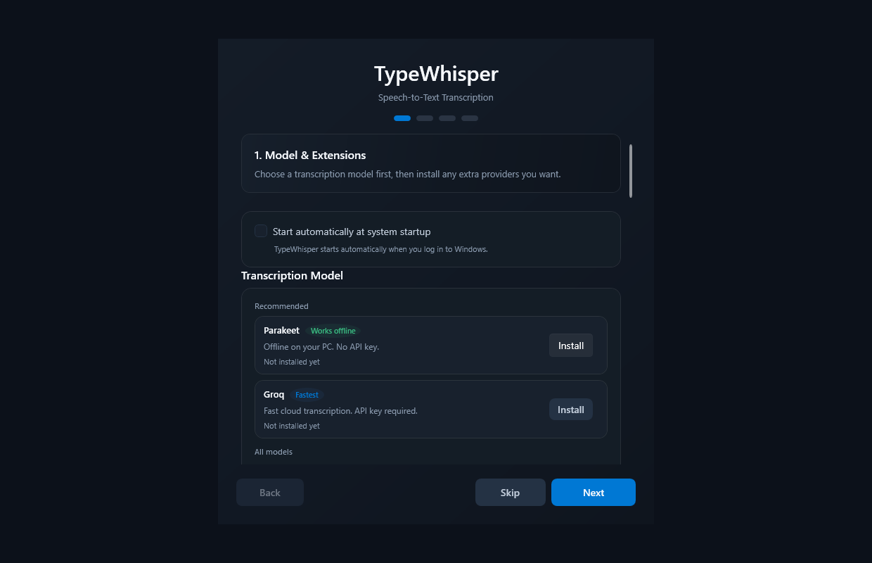 Four-step TypeWhisper onboarding on Windows
