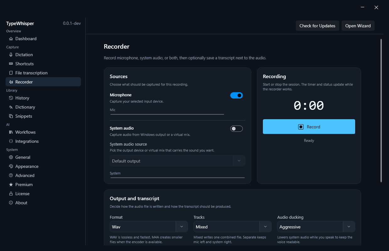 TypeWhisper recorder for microphone and system audio