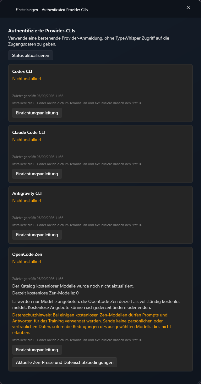 Einstellungen für authentifizierte Provider-CLIs mit OpenCode Zen in TypeWhisper für Windows