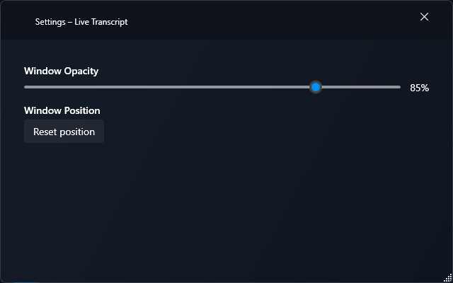 Live Transcript Windows settings