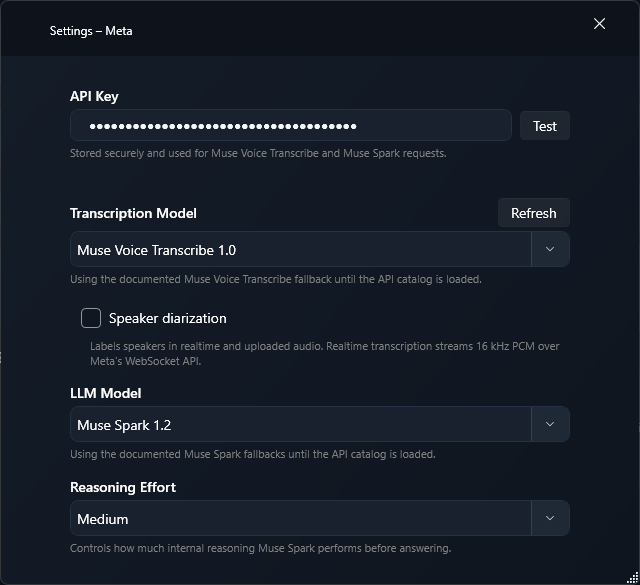 Meta settings in TypeWhisper for Windows
