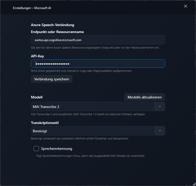 Microsoft-AI-Einstellungen in TypeWhisper für Windows