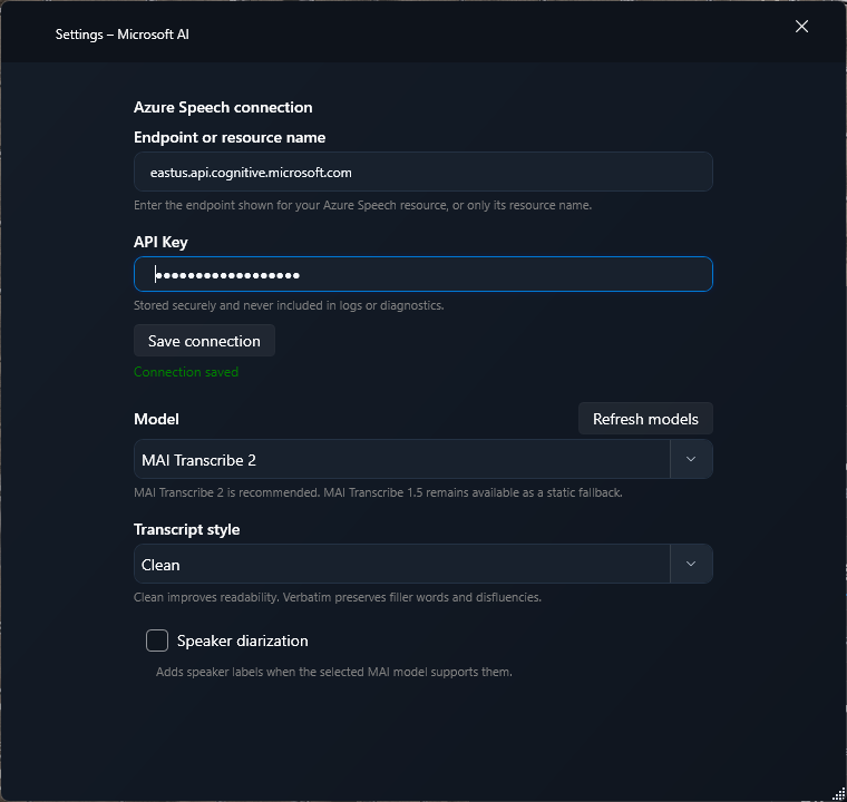 Microsoft AI settings in TypeWhisper for Windows