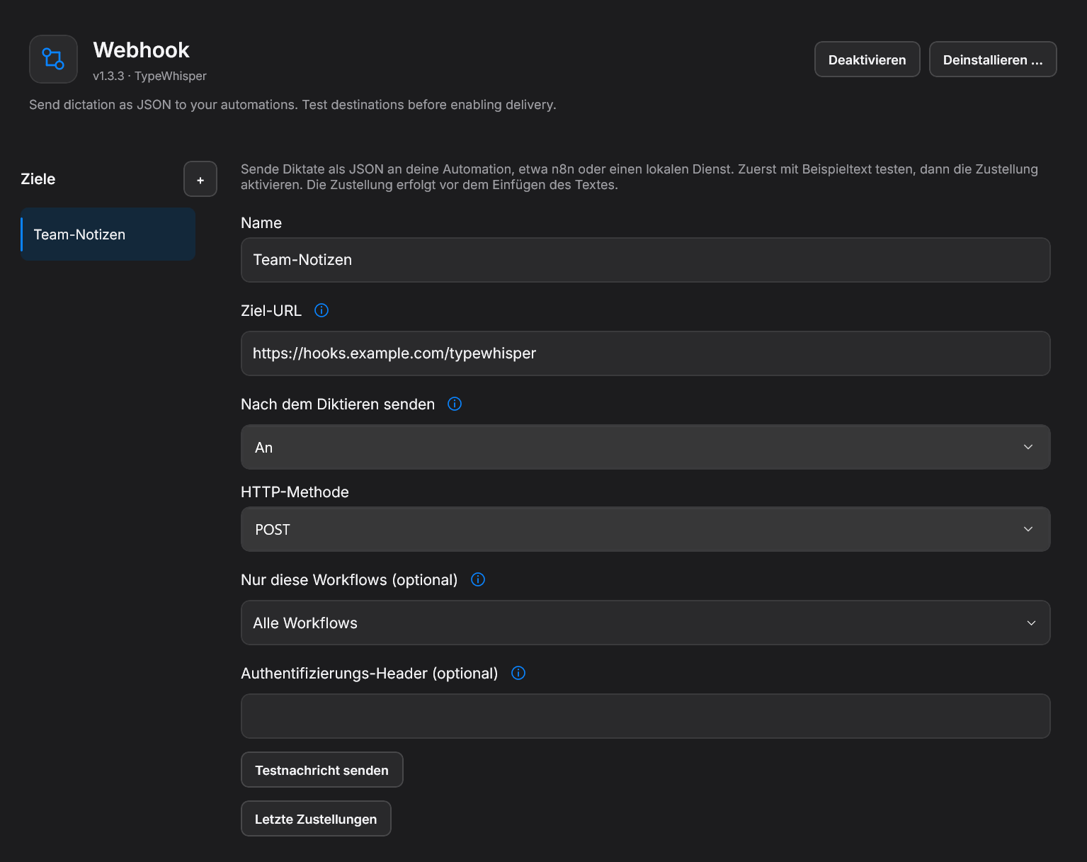Einstellungen von Webhook in TypeWhisper für Windows
